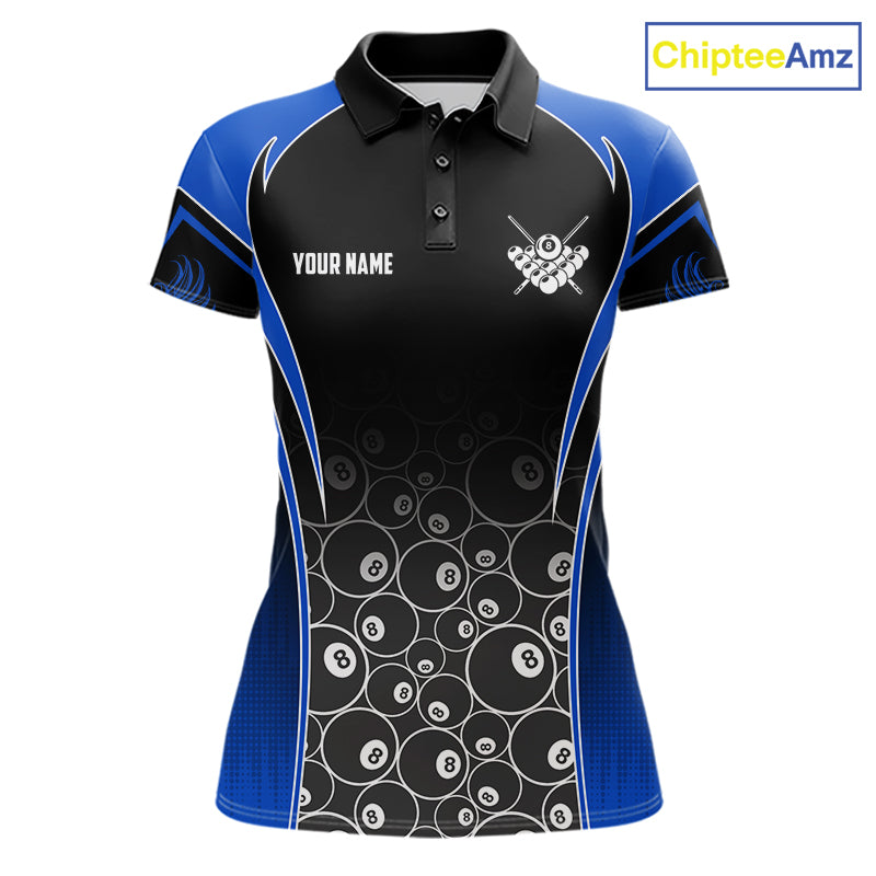 Personalized Black and Blue 8 Ball Wings Billiard Polo Shirt for Women Featuring Striking Winged 8 Ball Artwork for Pool League Players, Team Competition, and Tournament Events