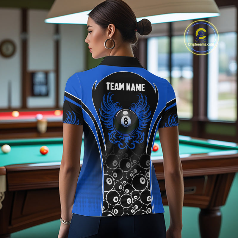 Woman Wearing Personalized Black and Blue 8 Ball Wings Custom Pool Team Jersey Featuring the Complete Rear Graphic Design, Back View