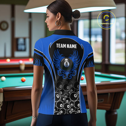 Woman Wearing Personalized Black and Blue 8 Ball Wings Custom Pool Team Jersey Featuring the Complete Rear Graphic Design, Back View