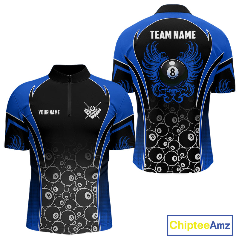 Personalized Black and Blue 8 Ball Wings Quarter Zip Billiard Shirt for Men Created for Competitive Pool League Teams with Performance Fabric and Tournament Ready Comfort