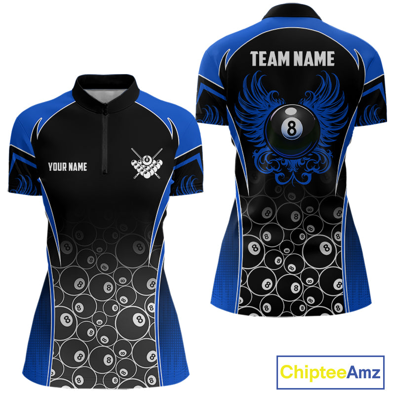 Personalized Black and Blue 8 Ball Wings Quarter Zip Billiard Shirt for Women Created for Competitive Pool League Teams with Performance Fabric and Tournament Ready Comfort