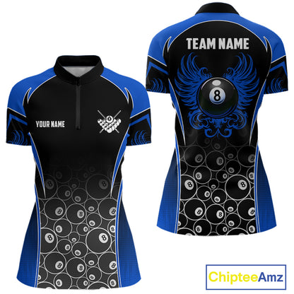 Personalized Black and Blue 8 Ball Wings Quarter Zip Billiard Shirt for Women Created for Competitive Pool League Teams with Performance Fabric and Tournament Ready Comfort