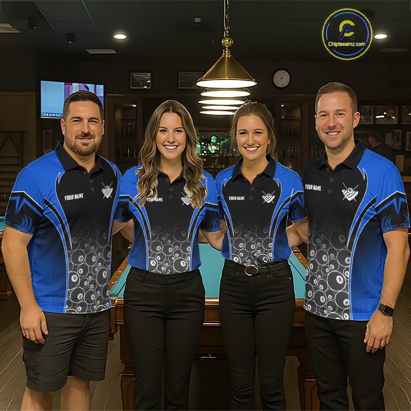Pool Team Wearing Personalized Black and Blue 8 Ball Wings Billiard Jerseys During League Competition and Tournament Matches, Front View