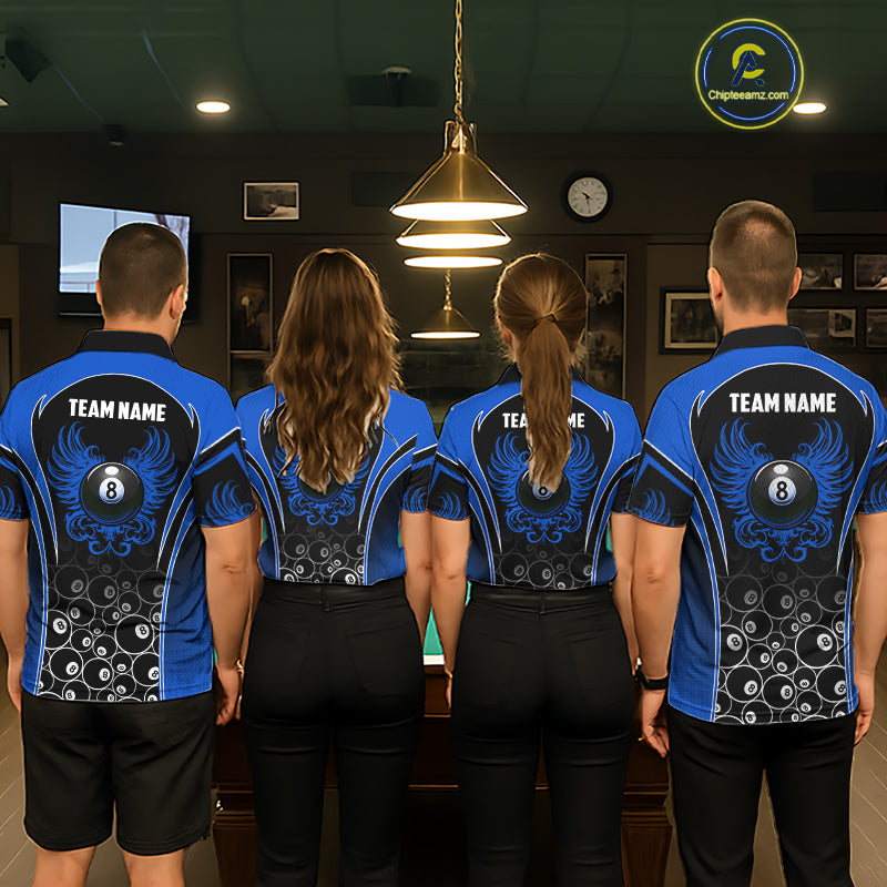 Pool Team Wearing Personalized Black and Blue 8 Ball Wings Custom Billiard Team Jerseys Featuring the Complete Back Artwork, Back View