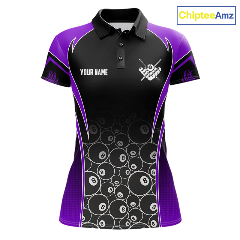 Personalized Black and Purple 8 Ball Wings Billiard Polo Shirt for Women Featuring Bold Winged 8 Ball Artwork for Pool League Players, Team Competition, and Tournament Events