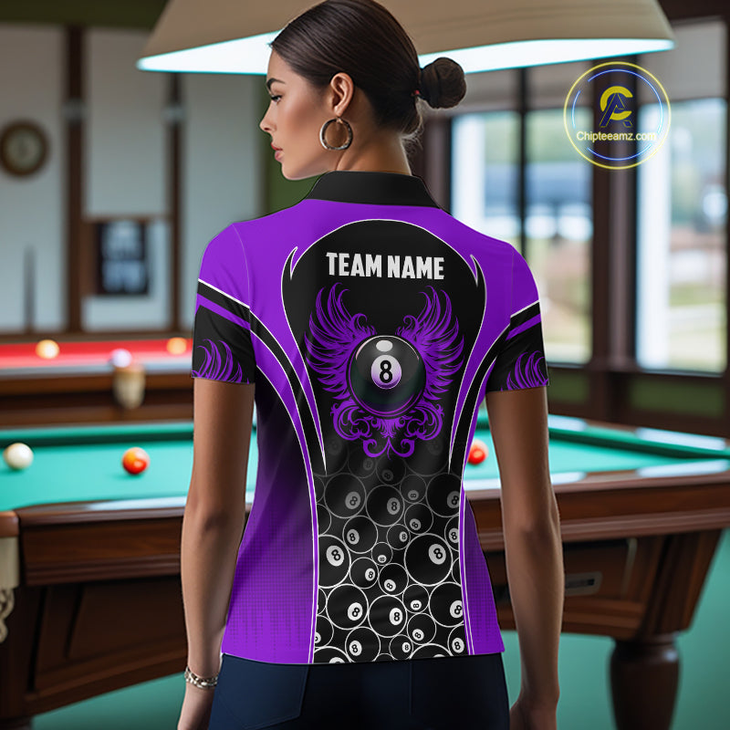 Woman Wearing Personalized Black and Purple 8 Ball Wings Custom Pool Team Jersey Featuring the Complete Rear Graphic Design, Back View