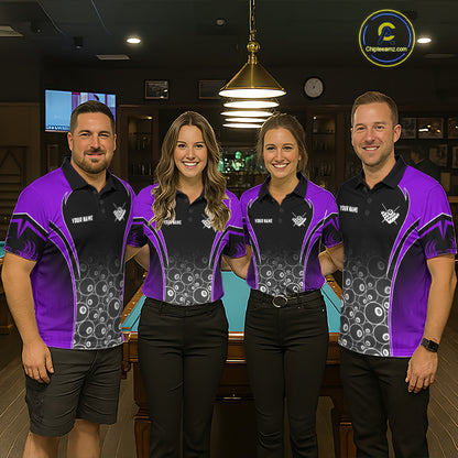 Pool Team Wearing Personalized Black and Purple 8 Ball Wings Billiard Jerseys During League Competition and Tournament Matches, Front View