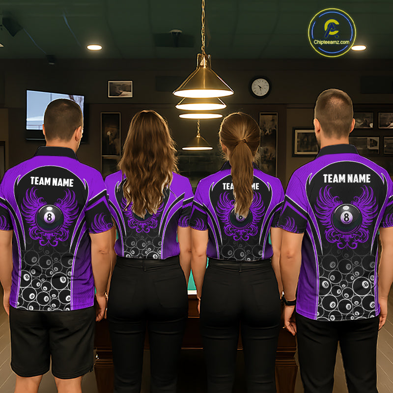 Pool Team Wearing Personalized Black and Purple 8 Ball Wings Custom Billiard Team Jerseys Featuring the Complete Back Artwork, Back View