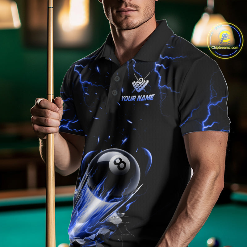 Man Wearing Personalized Blue Lightning Strike 8 Ball Pool Billiard Polo Shirt with Athletic Performance Fit and Dynamic Lightning Graphic Artwork, Front View