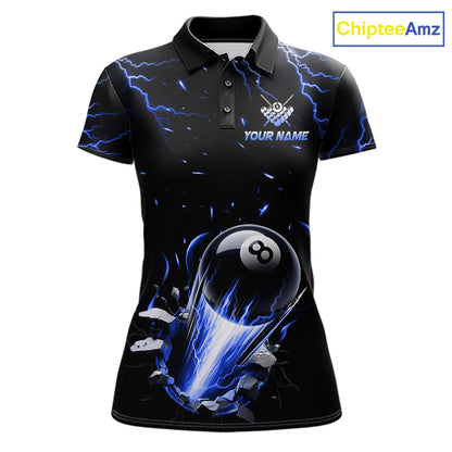 Personalized Blue Lightning Strike 8 Ball Pool Billiard Polo Shirt for Women Featuring Electric Blue Lightning Artwork for Pool League Players, Team Competition, and Tournament Events