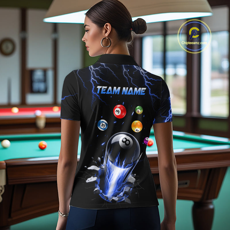 Woman Wearing Personalized Blue Lightning Strike 8 Ball Pool Billiard League Team Jersey Featuring the Complete Rear Graphic Design, Back View