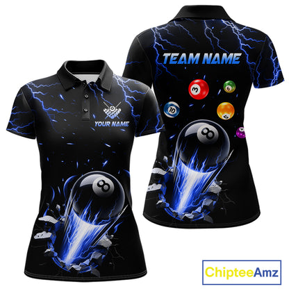 Personalized Blue Lightning Strike 8 Ball Pool Billiard Polo Shirt for Women Featuring Electric Blue Lightning Artwork for Pool League Players, Team Competition, and Tournament Events