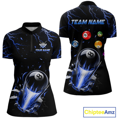 Personalized Blue Lightning Strike 8 Ball Quarter Zip Billiard Shirt for Women Created for Competitive Pool League Teams with Performance Fabric and Tournament Ready Team Design