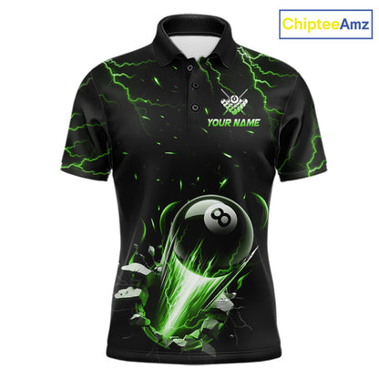 Custom Green Lightning Strike 8 Ball Pool Billiard Polo Shirt for Men Featuring Bold Green Lightning Artwork for Pool League Players, Team Competition, and Tournament Events