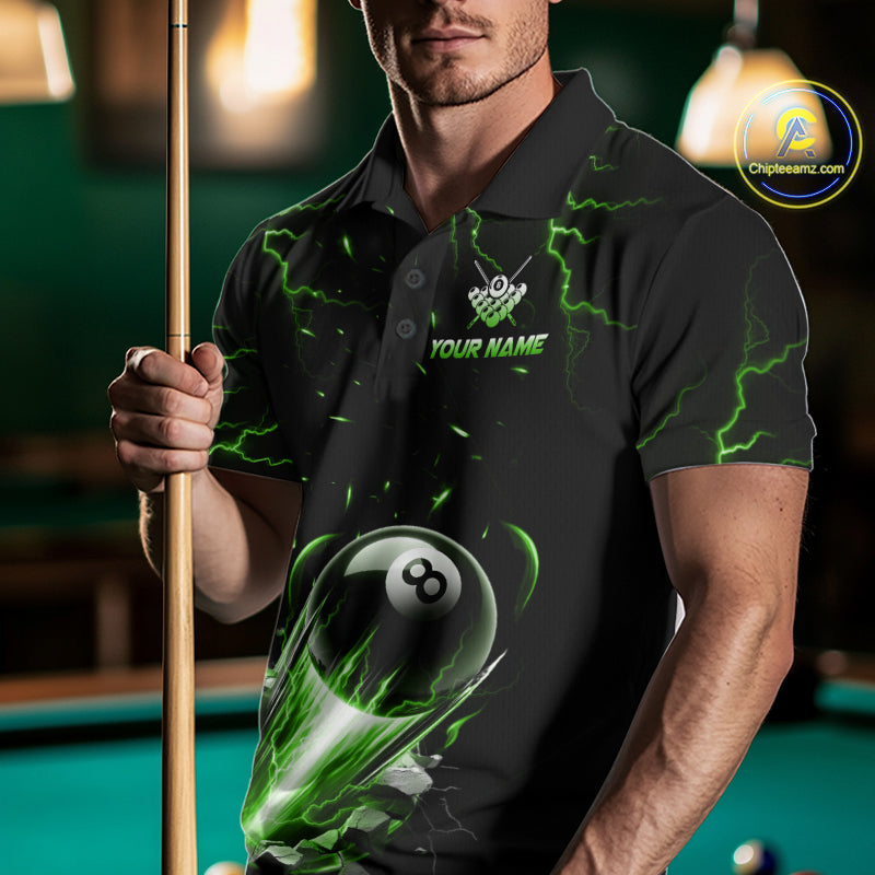 Man Wearing Custom Green Lightning Strike 8 Ball Pool Billiard Polo Shirt with Athletic Performance Fit and Dynamic Lightning Graphic Artwork, Front View