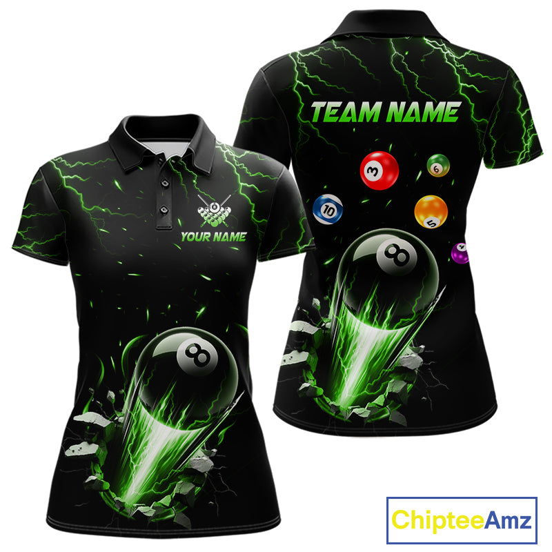 Custom Green Lightning Strike 8 Ball Pool Billiard Polo Shirt for Women Featuring Bold Green Lightning Artwork for Pool League Players, Team Competition, and Tournament Events