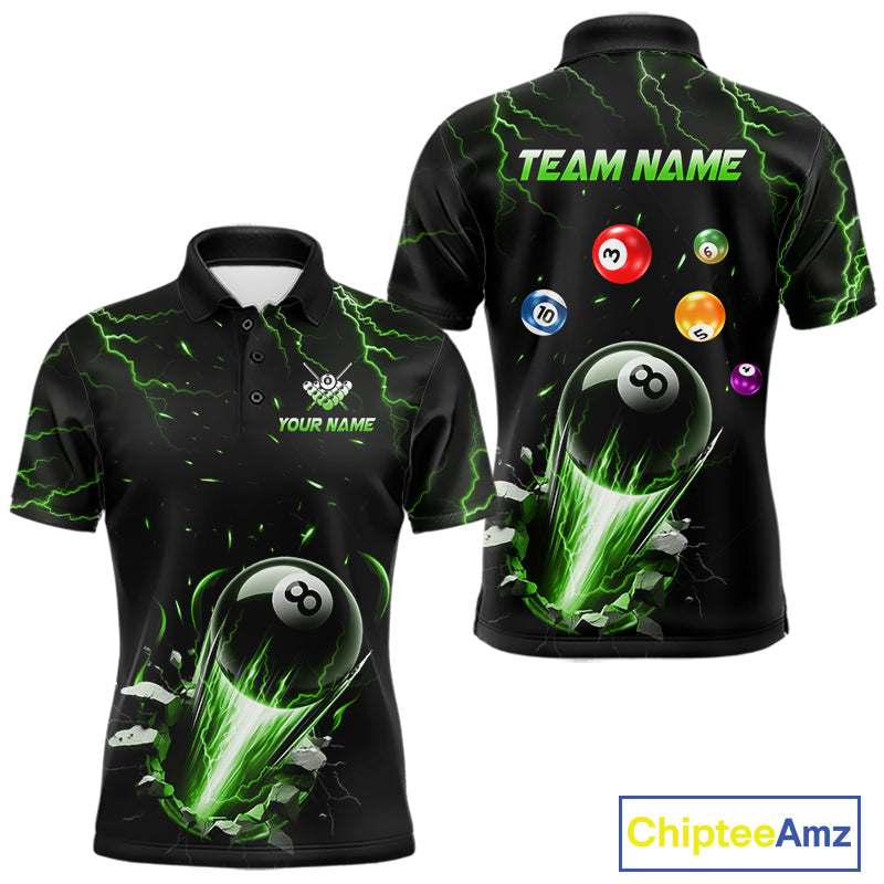 Custom Green Lightning Strike 8 Ball Pool Billiard Polo Shirt for Men Featuring Bold Green Lightning Artwork for Pool League Players, Team Competition, and Tournament Events