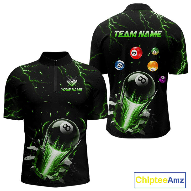 Custom Green Lightning Strike 8 Ball Quarter Zip Billiard Shirt for Men Created for Competitive Pool League Teams with Performance Fabric and Tournament Ready Comfort
