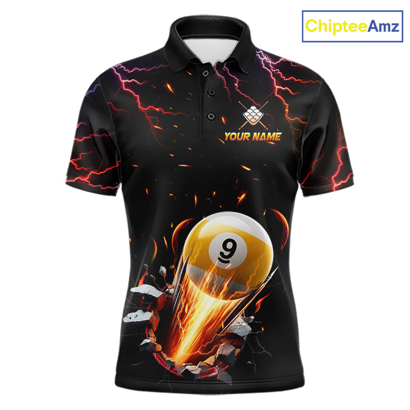 Custom Thunder Lightning Strike 9 Ball Pool Billiard Polo Shirt for Men Featuring Powerful Lightning Artwork for Pool League Players, Team Competition, and Tournament Events