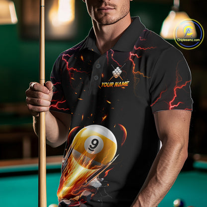 Man Wearing Custom Thunder Lightning Strike 9 Ball Pool Billiard Polo Shirt with Athletic Performance Fit and Electric Lightning Graphic Artwork, Front View