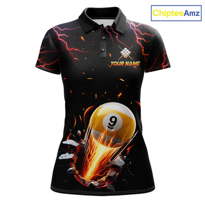 Custom Thunder Lightning Strike 9 Ball Pool Billiard Polo Shirt for Women Featuring Powerful Lightning Artwork for Pool League Players, Team Competition, and Tournament Events
