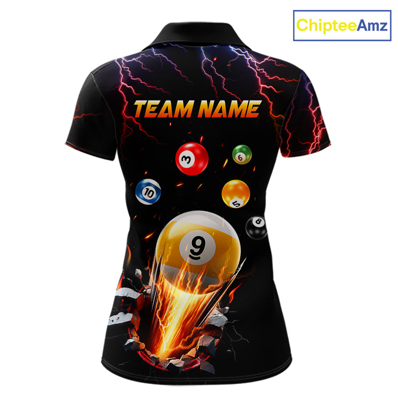 Thunder Lightning Strike 9 Ball Pool Polo Shirt for Women Designed for Personalized Billiard League Team Jerseys with Premium Athletic Performance and Dynamic Storm Graphics