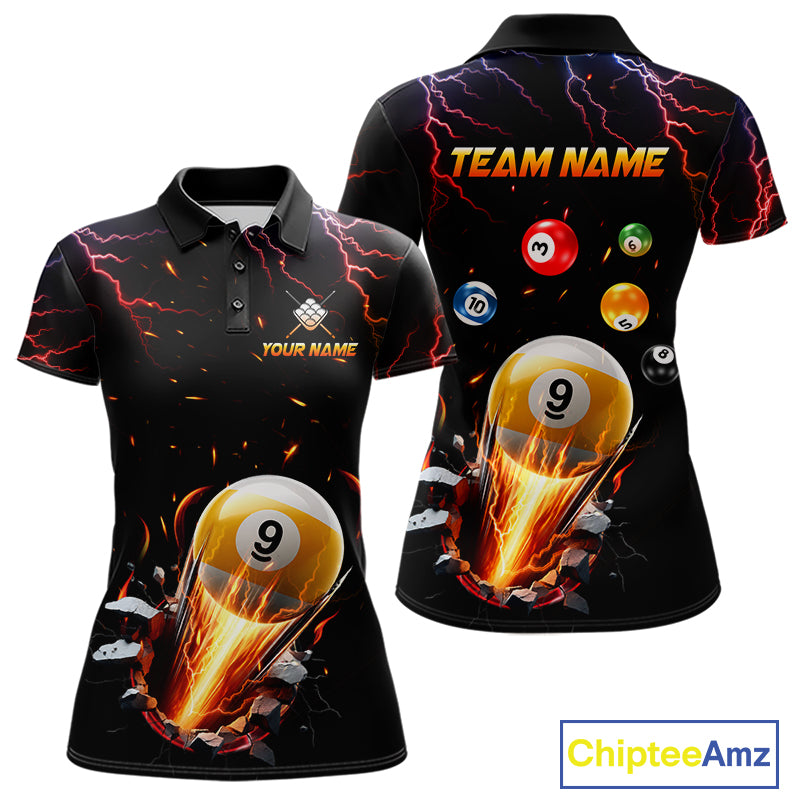 Custom Thunder Lightning Strike 9 Ball Pool Billiard Polo Shirt for Women Featuring Powerful Lightning Artwork for Pool League Players, Team Competition, and Tournament Events