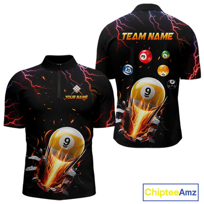 Custom Thunder Lightning Strike 9 Ball Quarter Zip Billiard Shirt for Men Created for Competitive Pool League Teams with Performance Fabric and Tournament Ready Team Design