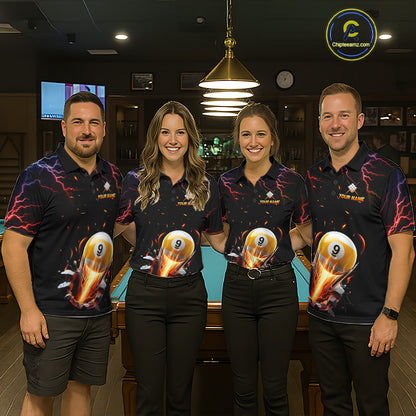 Pool Team Wearing Custom Thunder Lightning Strike 9 Ball Billiard Jerseys During League Competition and Tournament Matches, Front View