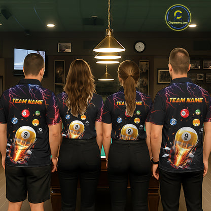 Pool Team Wearing Custom Thunder Lightning Strike 9 Ball Custom Billiard Team Jerseys Featuring the Complete Back Artwork, Back View