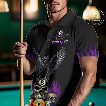 Man Wearing Personalized Purple Raven 8 Ball Pool Skull Billiard Polo Shirt with Athletic Performance Fit and Halloween Graphic Artwork, Front View