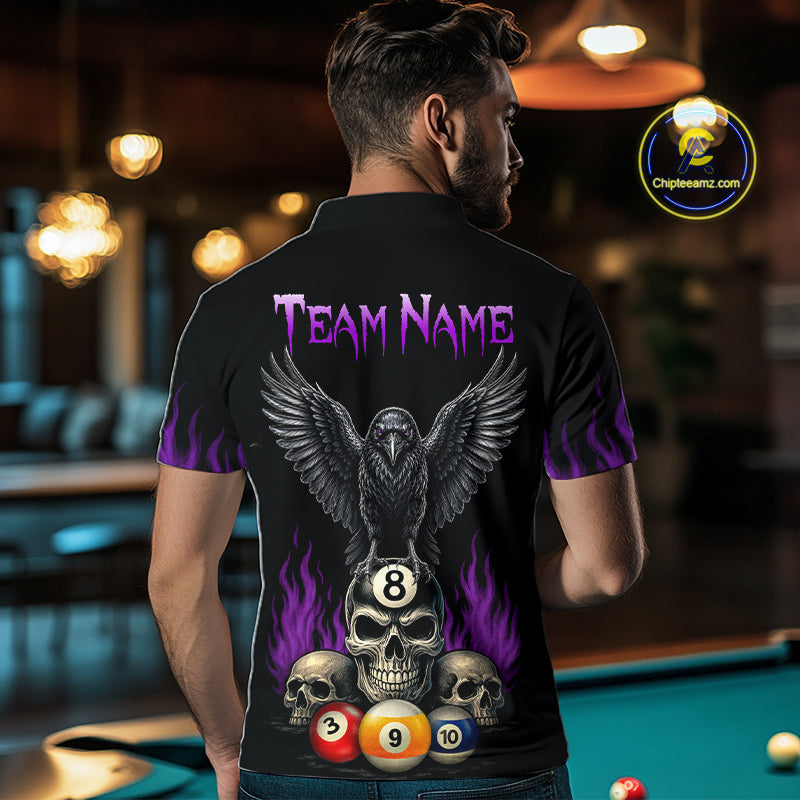Man Wearing Personalized Purple Raven 8 Ball Pool Skull Custom Pool Team Jersey Featuring the Complete Rear Graphic Design, Back View