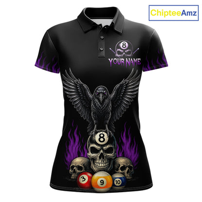 Personalized Raven 8 Ball Pool Skull Billiard Polo Shirt for Women Featuring Purple Halloween Raven Artwork with a Bold Skull Design for Pool League Players and Tournament Competition