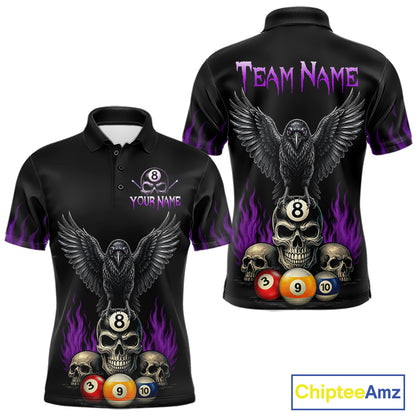 Custom Purple Raven 8 Ball Pool Skull Polo Shirt for Men Designed for Personalized Billiard Team Jerseys with Premium Athletic Performance and Striking Halloween Graphics