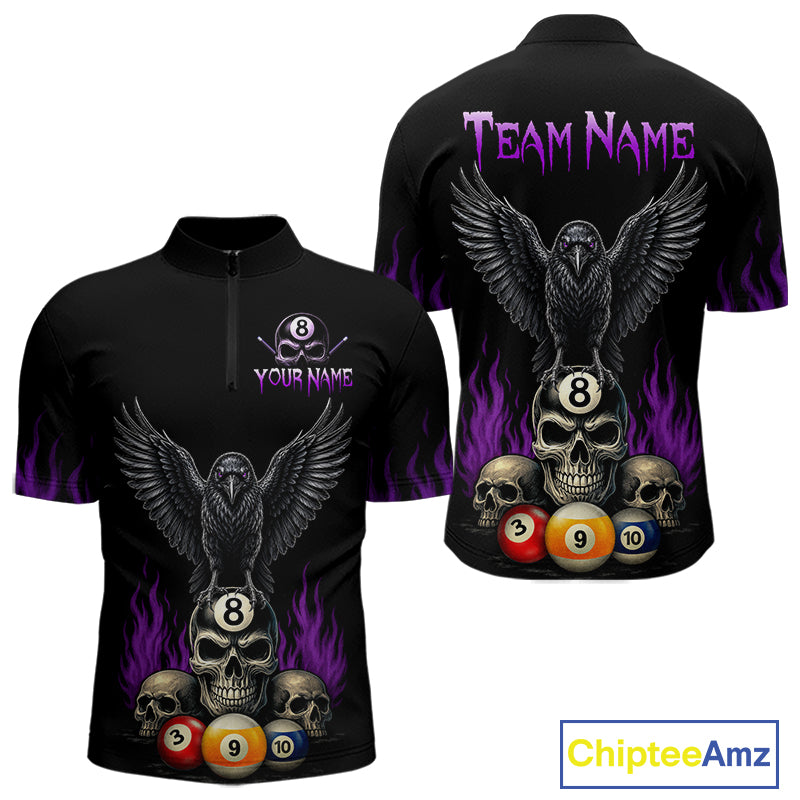 Personalized Purple Raven 8 Ball Pool Skull Quarter Zip Billiard Shirt for Men Created for Competitive Pool League Teams with Performance Fabric and Tournament Ready Comfort