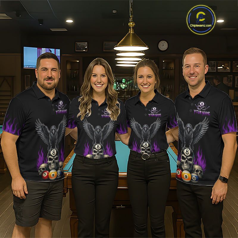 Pool Team Wearing Personalized Purple Raven 8 Ball Pool Skull Billiard Jerseys During League Competition and Tournament Matches, Front View
