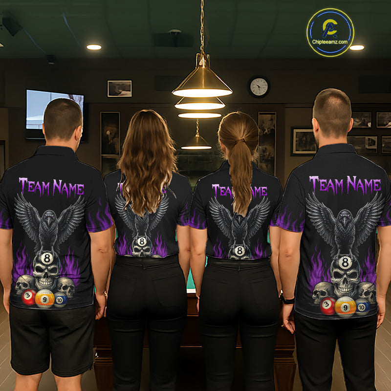 Pool Team Wearing Personalized Purple Raven 8 Ball Pool Skull Custom Billiard Team Jerseys Featuring the Complete Back Artwork, Back View