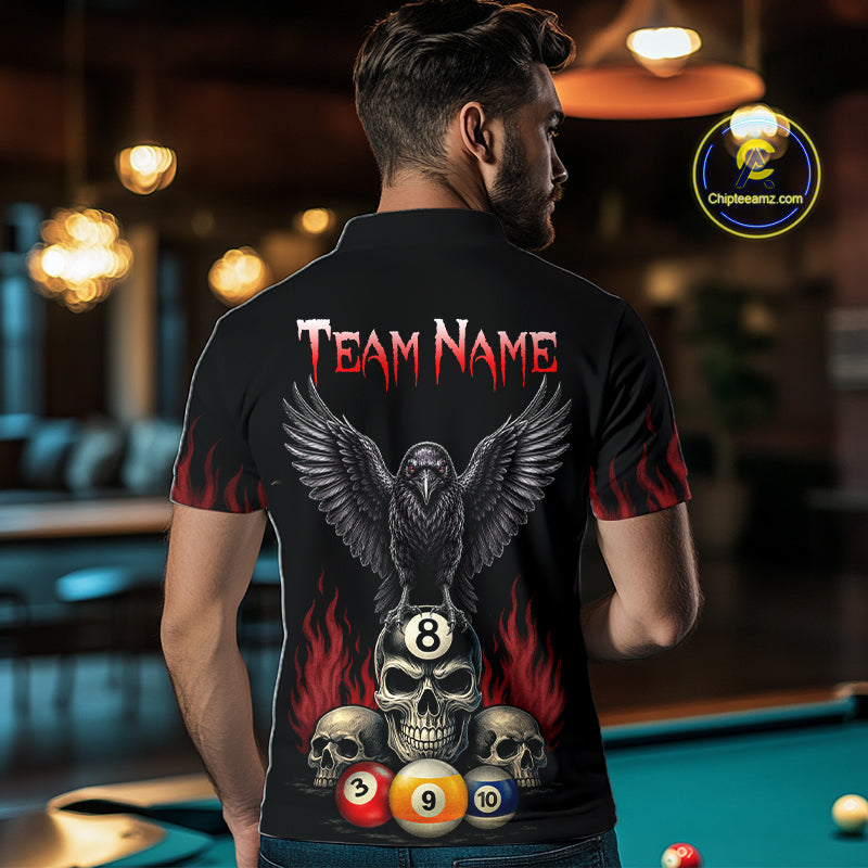 Man Wearing Personalized Raven 8 Ball Pool Skull Custom Pool Team Jersey Featuring the Complete Rear Graphic Design, Back View