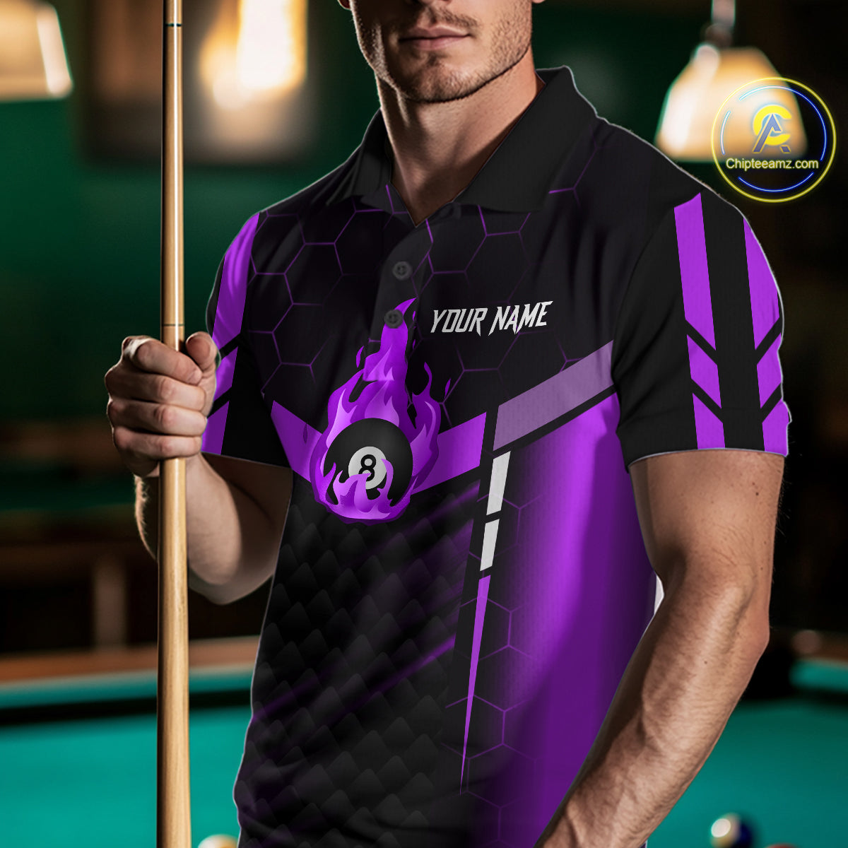 Personalized Purple 8 Ball Flame Billiard Shirt For Men Custom Billiard Team Jersey Polo & 1/4 Zip TDM5585