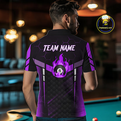 Personalized Purple 8 Ball Flame Billiard Shirt For Men Custom Billiard Team Jersey Polo & 1/4 Zip TDM5585