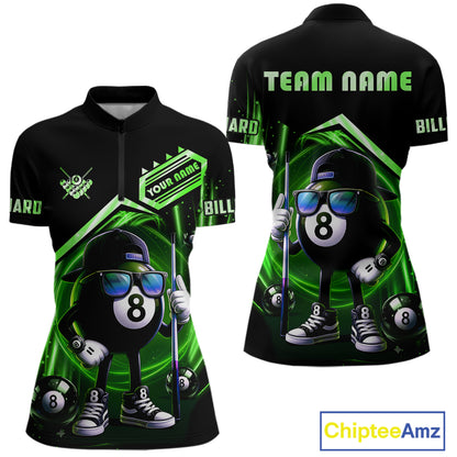 Green Funny 8 Ball Billiard Shirt For Women Custom Pool Team Shirt, Billiard Jersey Polo & 1/4 Zip TDM5833