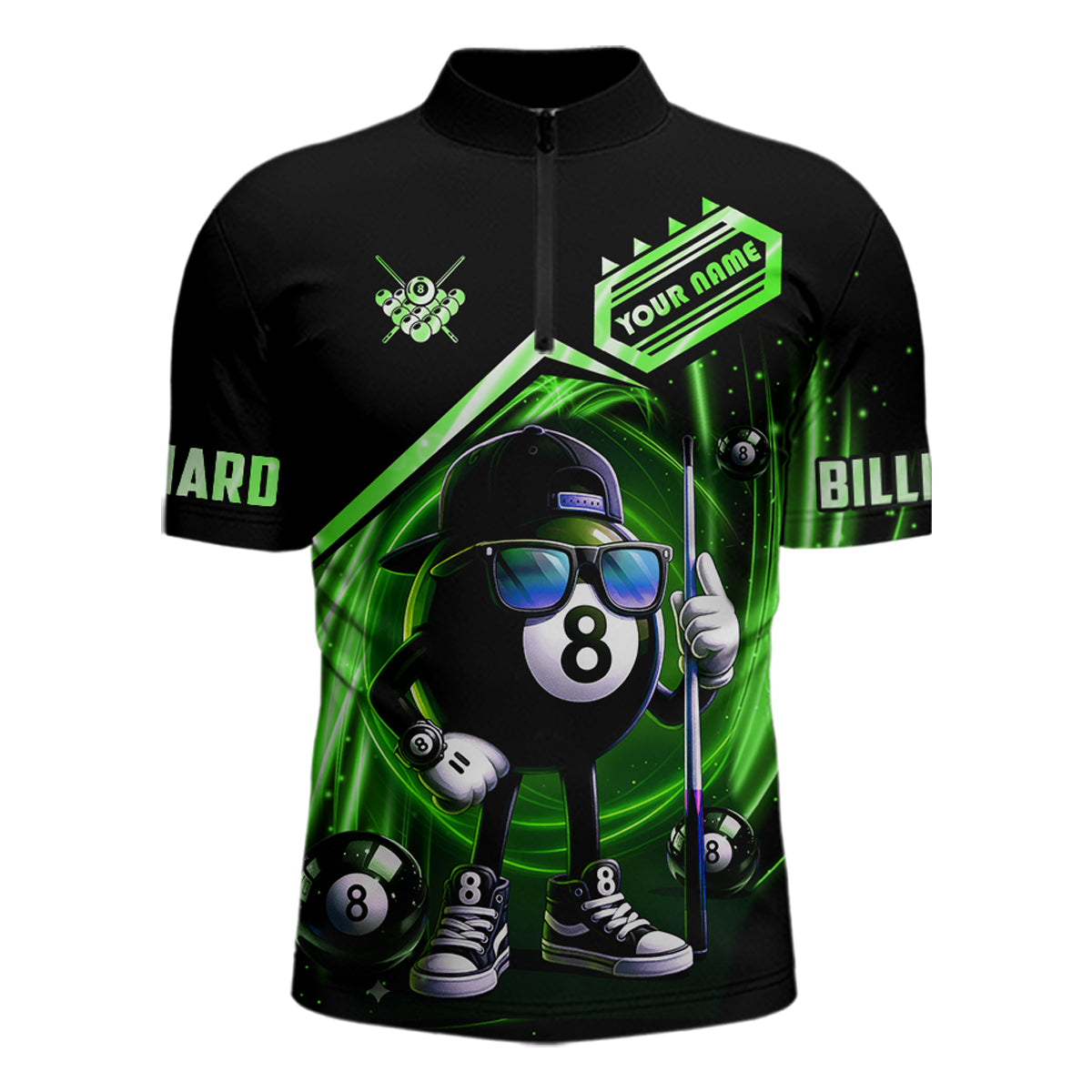 Green Funny 8 Ball Billiard Shirt For Men Custom Pool Team Shirt, Billiard Jersey Polo & 1/4 Zip TDM5833