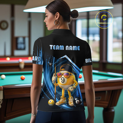 Blue Funny 9 Ball Billiard Shirt For Women Custom Pool Team Shirt, Billiard Jersey Polo & 1/4 Zip TDM5834