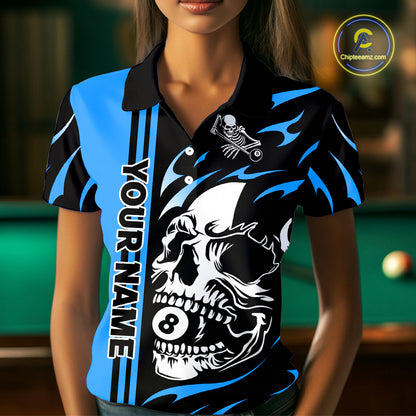 Personalized Blue 8 Ball Skull Billiard Shirt For Women Custom Pool Team Jersey, Billiard Outfit TDM4460