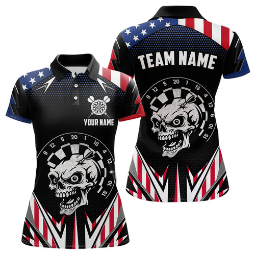 Personalized Patriotic Skull Darts Shirt For Women Custom American Flag Darts Jersey Polo & 1/4 Zip TDM4463