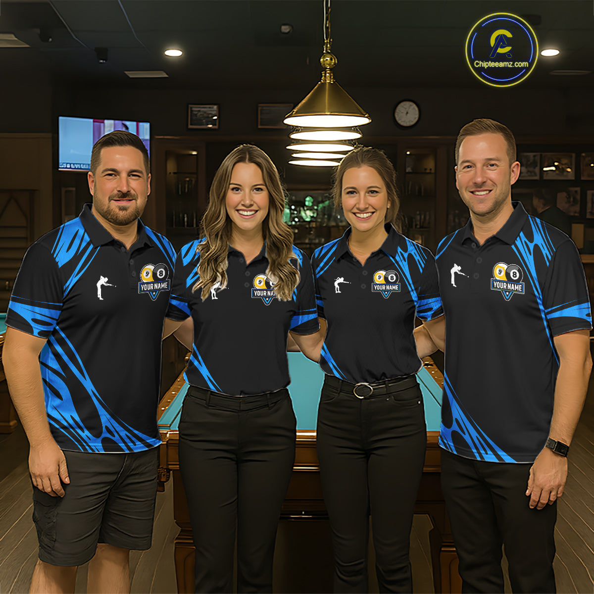 Personalized 8 Ball & 9 Ball Pool Billiard Polo, 1/4 Zip For Men Custom Team Billiard Jersey |Blue TDM5602