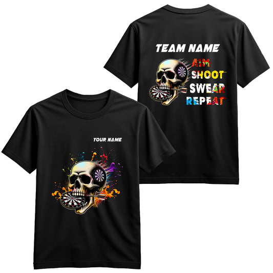 Aim Shoot Swear Repeat Colorful Skull Black Dart T-Shirts Custom Funny Dart Shirts For Darts Player TDM3946
