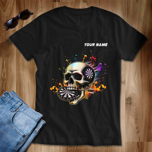 Aim Shoot Swear Repeat Colorful Skull Black Dart T-Shirts Custom Funny Dart Shirts For Darts Player TDM3946