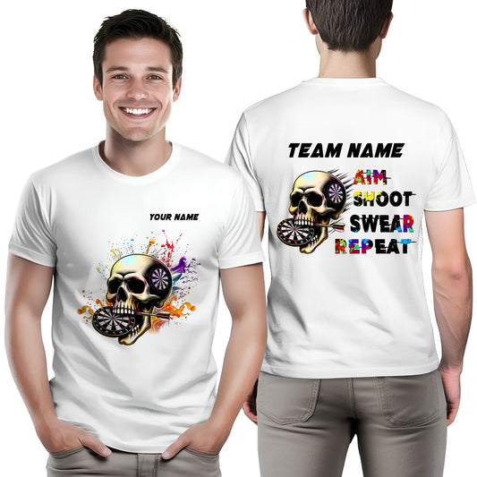 Aim Shoot Swear Repeat Colorful Skull White Dart T-Shirts Custom Funny Dart Shirts For Darts Player TDM3946