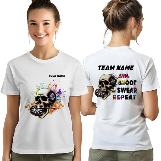 Aim Shoot Swear Repeat Colorful Skull White Dart T-Shirts Custom Funny Dart Shirts For Darts Player TDM3946
